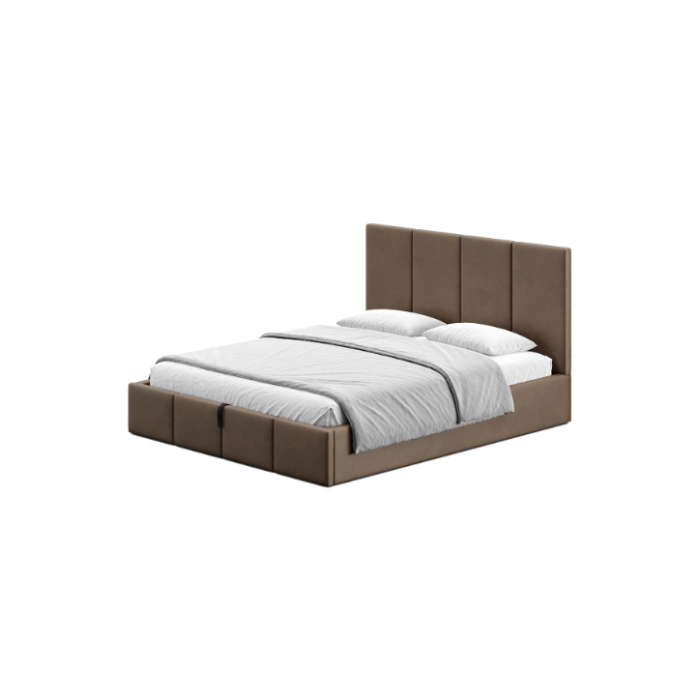 Braunes Polsterbett im Schlafzimmer.
